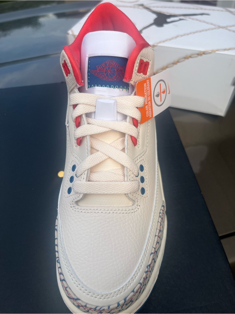 Jordan Kids White and Red Leather Basketball Sneakers with Blue Accents